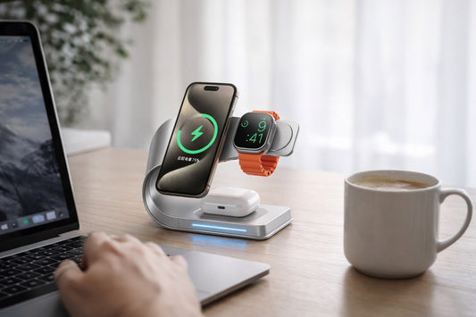 Apple charging station on desk with iPhone Apple Watch and AirPods charging simultaneously in a modern setup