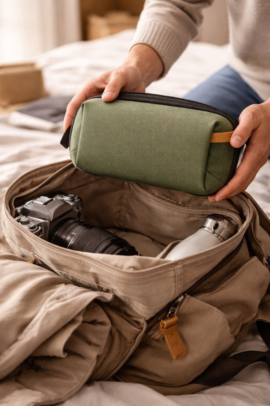 electronics organizer used during travel to store chargers cables and tech accessories
