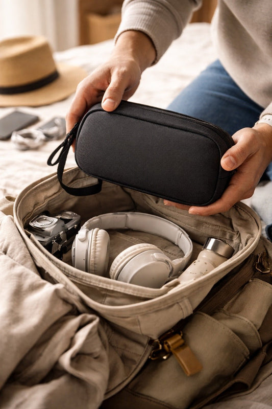 electronics organizer used for travel to store chargers cables and small tech accessories