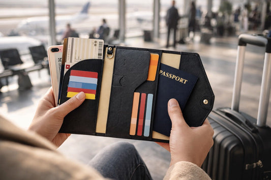 passport holder wallet used during travel with passport cards and boarding pass organized