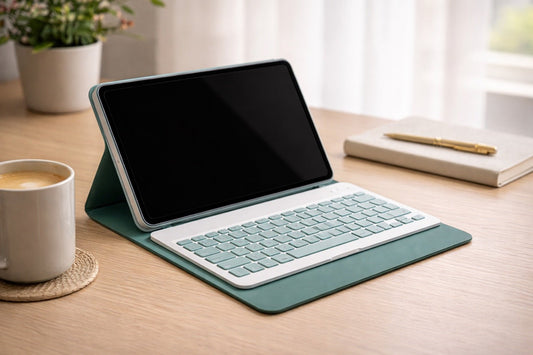 typing case for iPad used in desk setup for productivity with keyboard and mouse connected