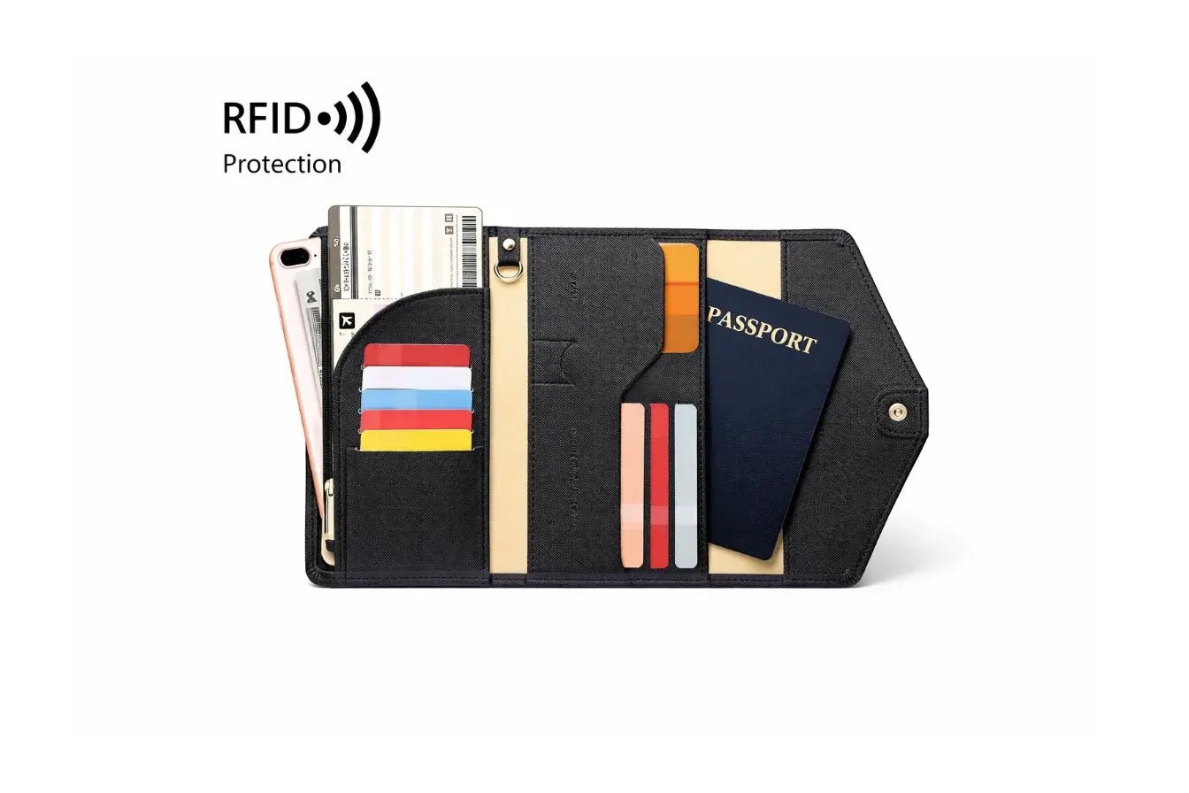 Minimal travel accessories with electronics organizer and RFID passport holder