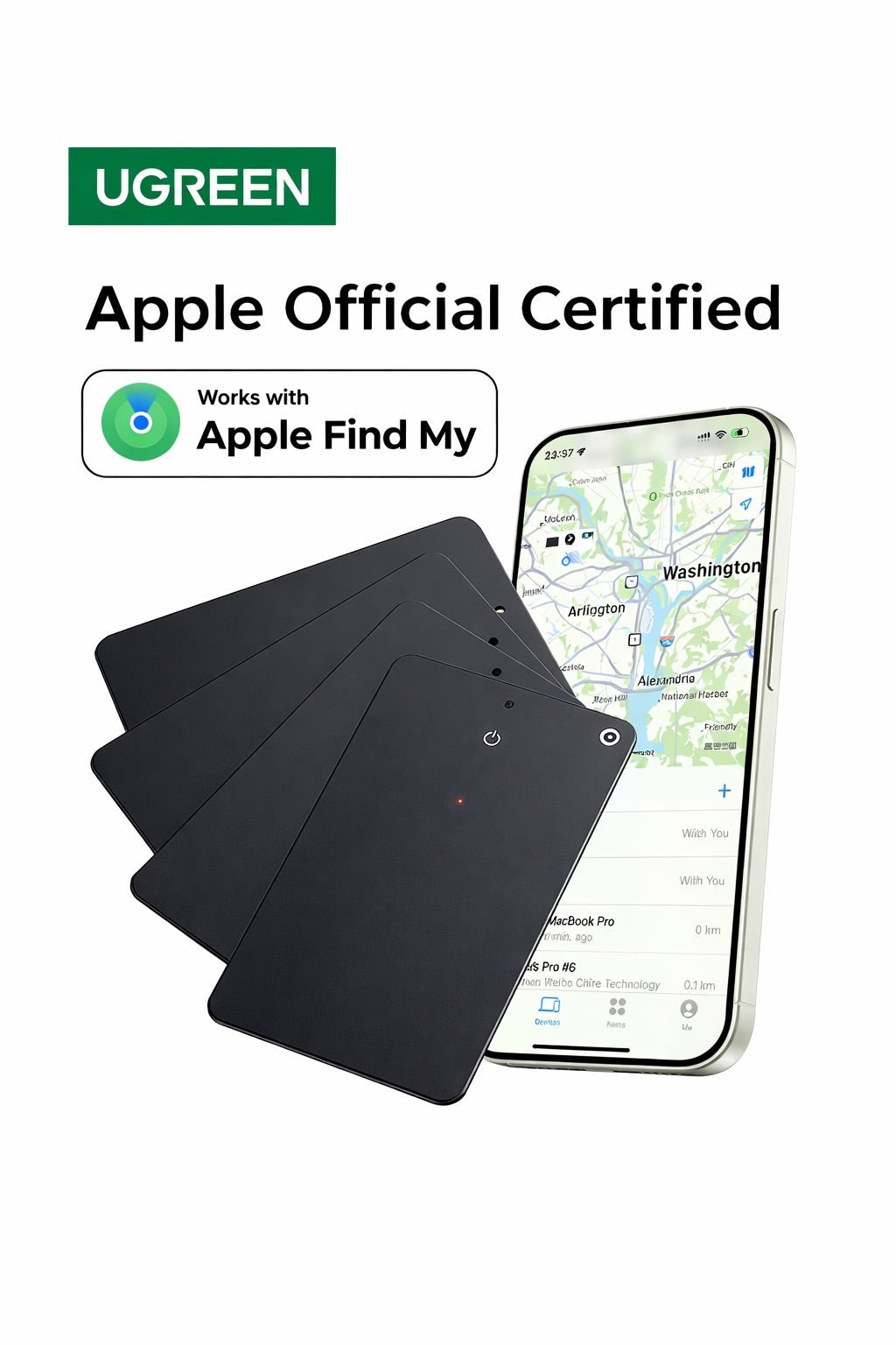 card tracker for wallet connected to Apple Find My app showing real time location tracking