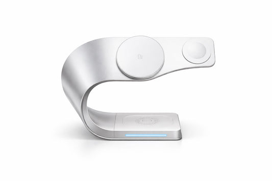 3 in 1 charging dock with MagSafe design charging iPhone Apple Watch and AirPods in a sleek metal stand