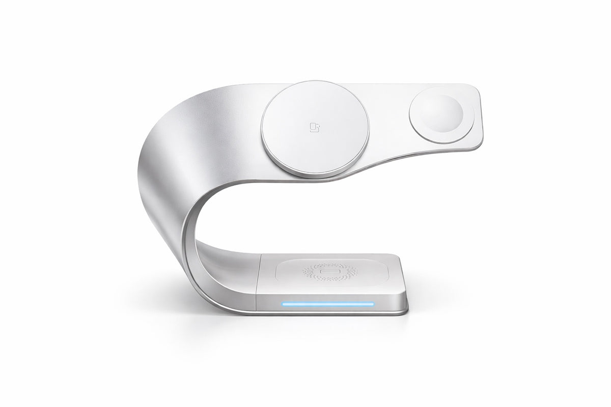 silver 3 in 1 charging dock with MagSafe design for iPhone Apple Watch and AirPods
