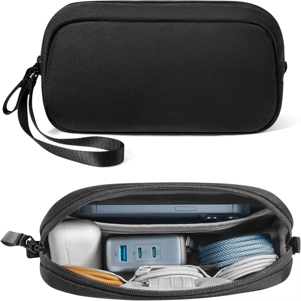 Alt="black electronics organizer case for storing chargers cables and accessories in a sleek design"
