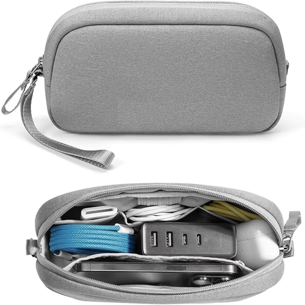 grey electronics organizer case designed for travel and organizing chargers and cables
