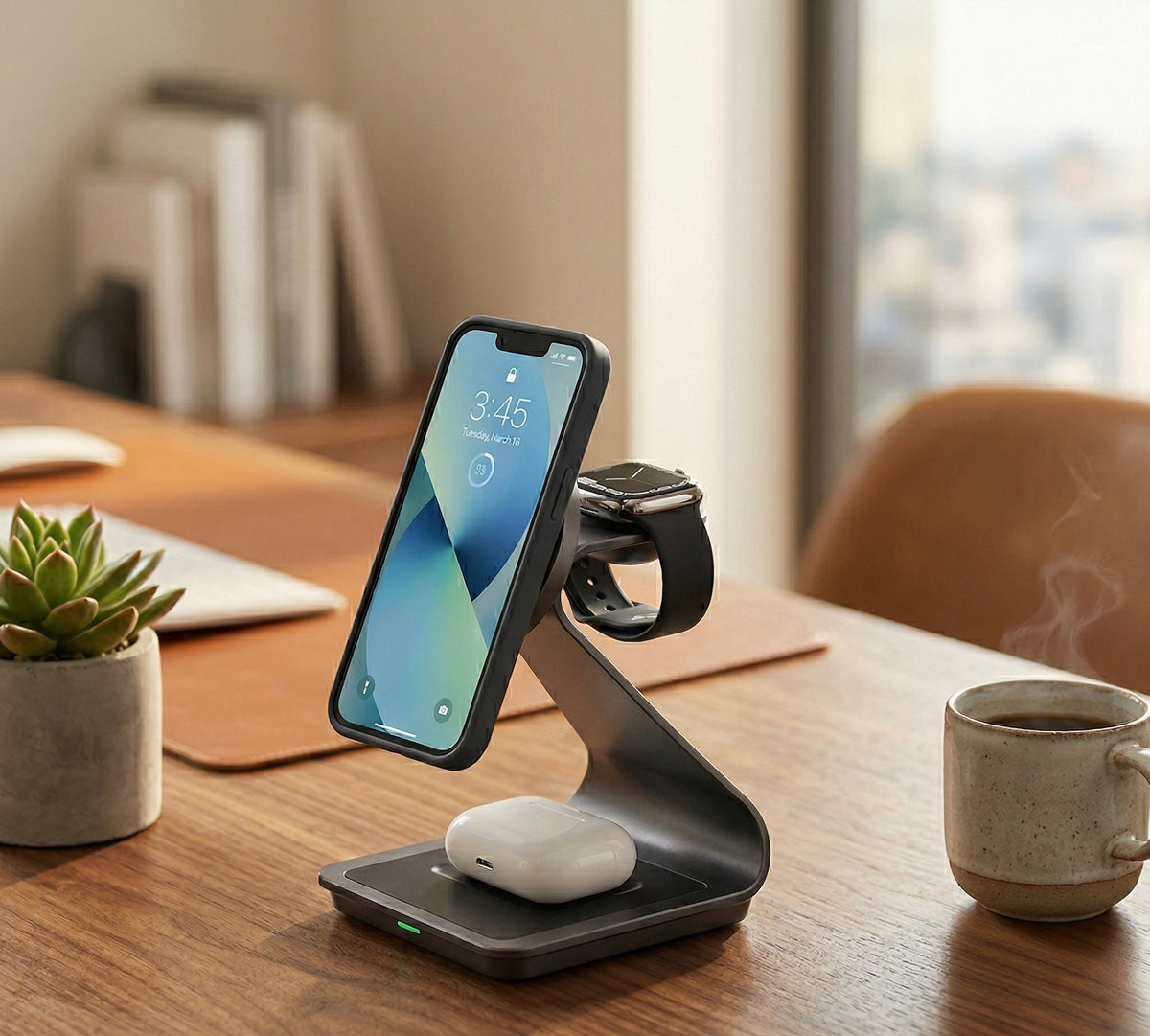 fast wireless charging dock on nightstand charging iPhone Apple Watch and AirPods overnight