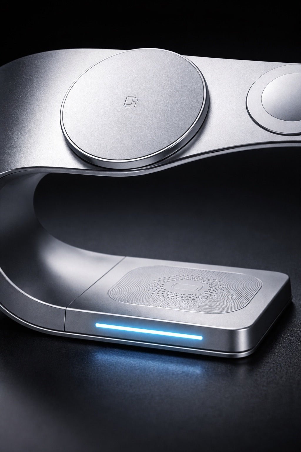 close up of metal MagSafe charging dock showing premium finish and stable magnetic alignment
