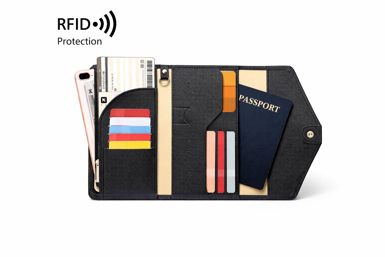 black rfid blocking passport case designed as a secure and minimal travel wallet