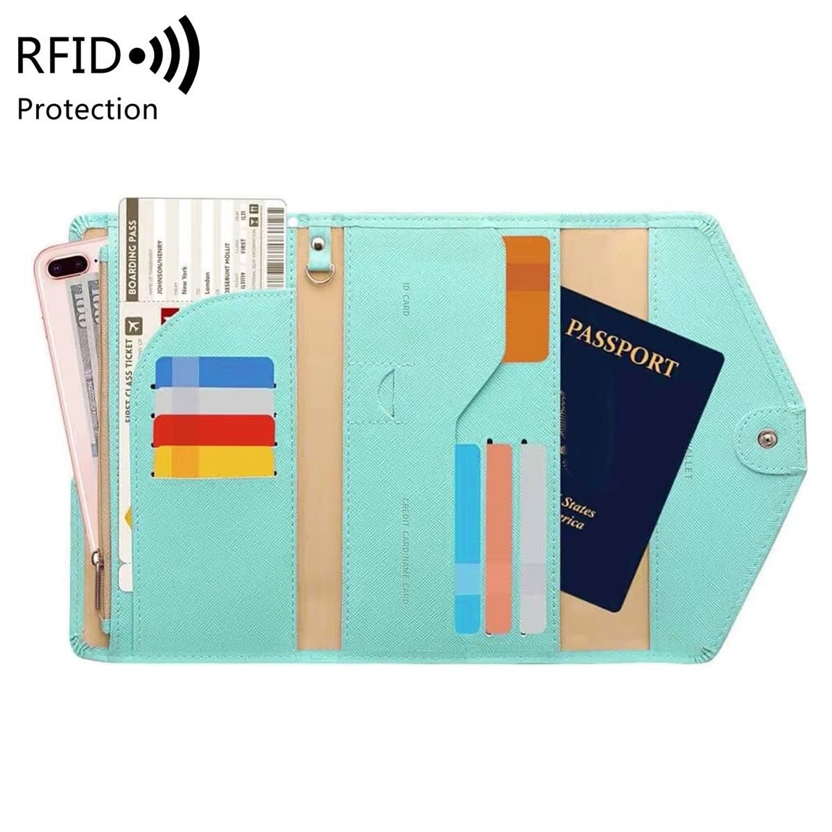 blue rfid blocking passport case designed as a secure travel wallet for passport cards and cash