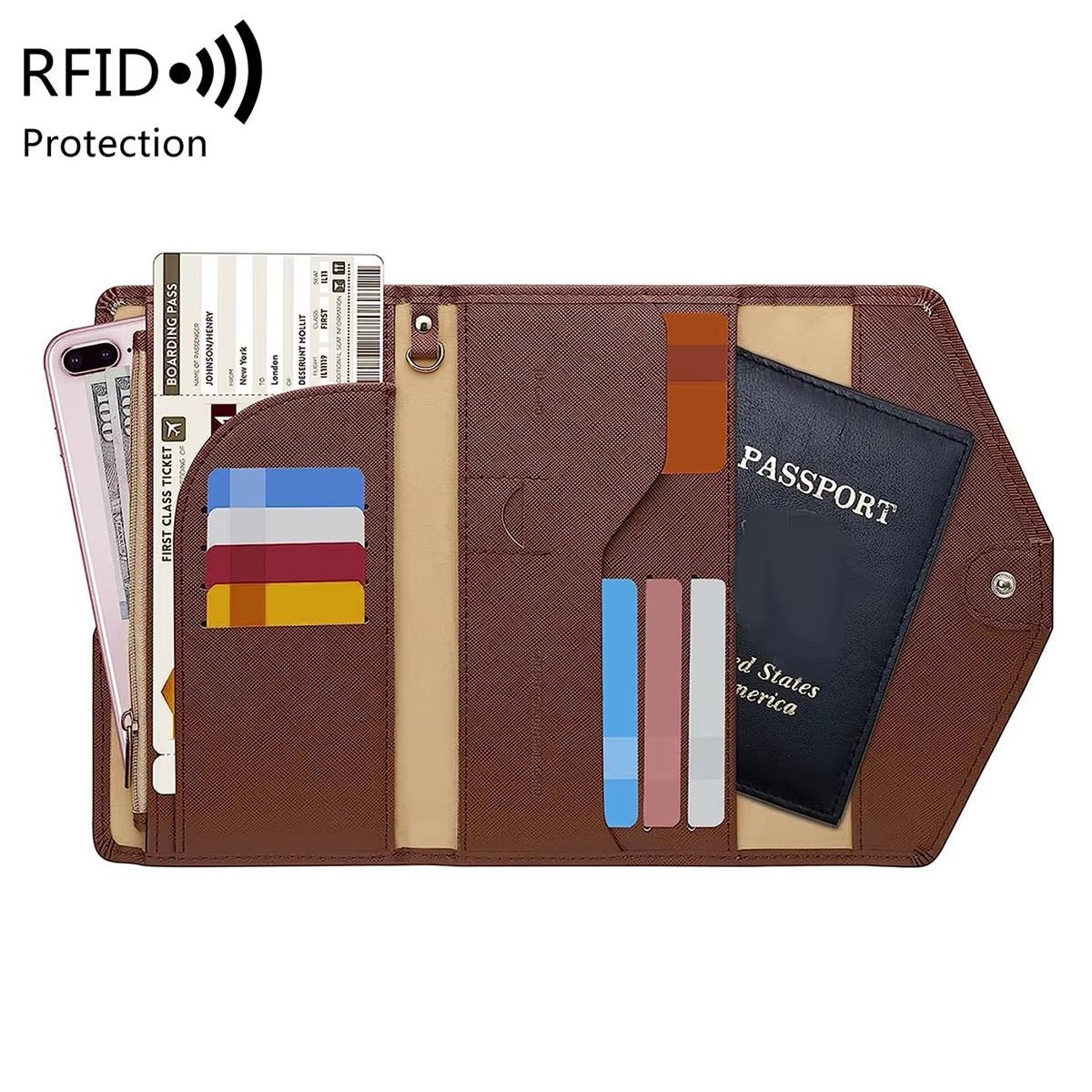 brown rfid blocking passport case with classic design for secure travel and organization
