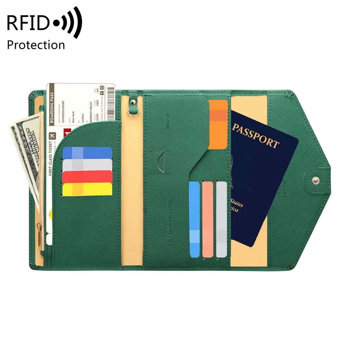 green rfid blocking passport case with compact storage for passport cards and travel documents