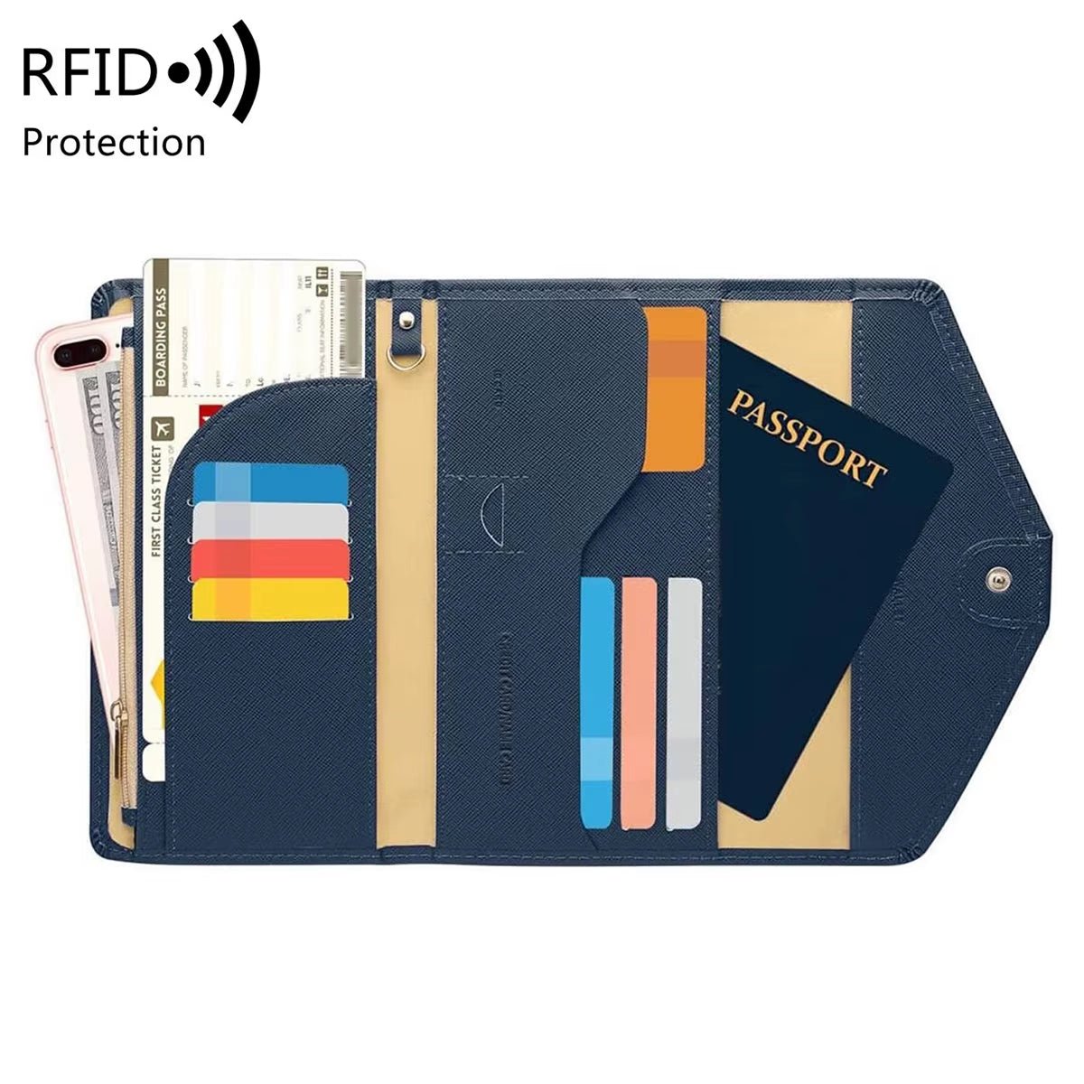 navy blue rfid blocking passport case designed as a secure travel wallet for passport cards and cash