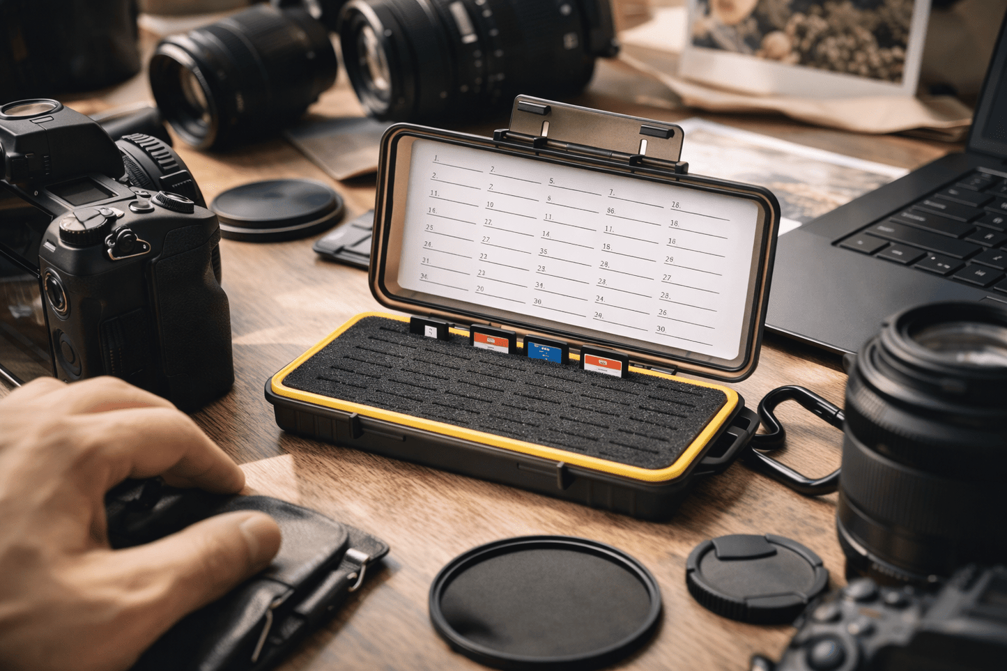 sd card storage box used with camera gear to organize memory cards during photography sessions