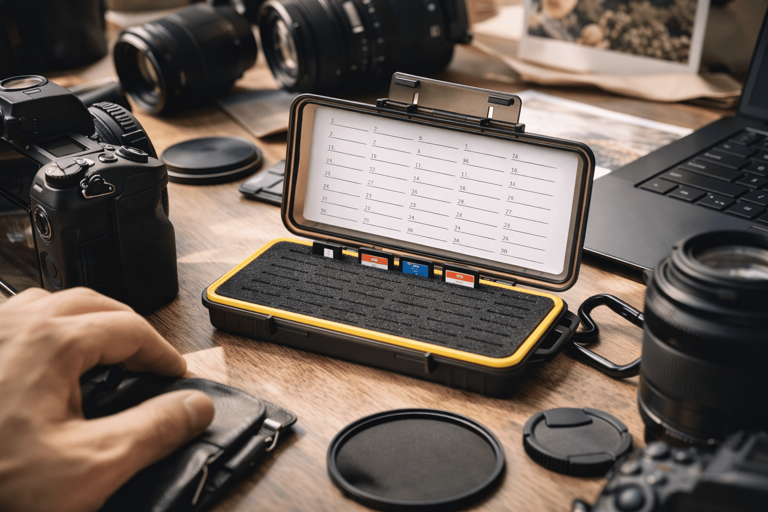 sd card storage box used with camera gear to organize memory cards during photography sessions